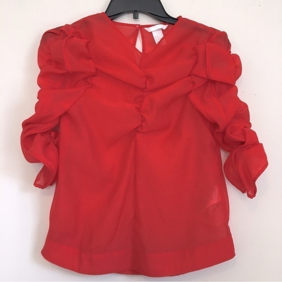 H&M Georgette Red Top V-neck Puff sleeves blouse - Picture 1 of 16